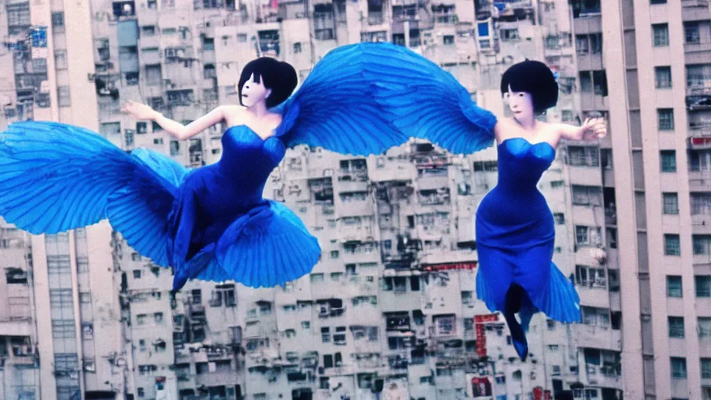 Prompt: a woman in a blue dress wearing a blue swan mask falling from a building in Tokyo , film still from the an anime directed by Katsuhiro Otomo with art direction by Salvador Dalí, wide lens