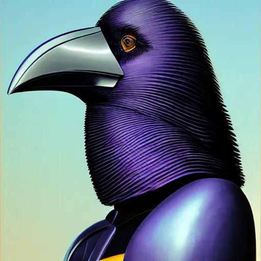 Image similar to self portrait of a humanoid raven with a helmet in the shape of a beak. purple and black body armor, digital art, realistic, ultradetailed, concept art in the style of Science Fiction. art by Syd Mead and Moebius, trending on artstation, devianart, cgsociety