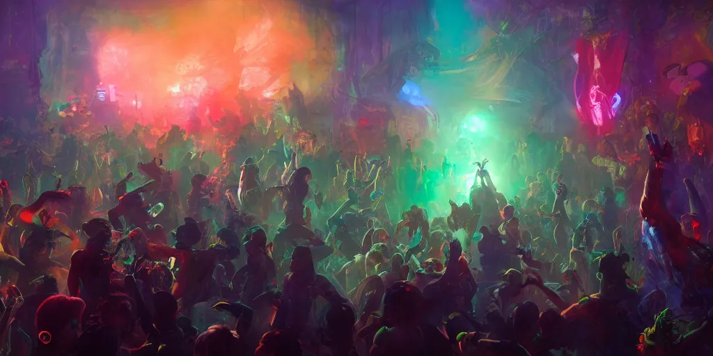 Prompt: a zombie disco party, vivid colors, extremely detailed digital painting, in the style of fenghua zhong and ruan jia and jeremy lipking and peter mohrbacher, mystical colors, rim light, beautiful lighting, 8 k, stunning scene, raytracing, octane, trending on artstation