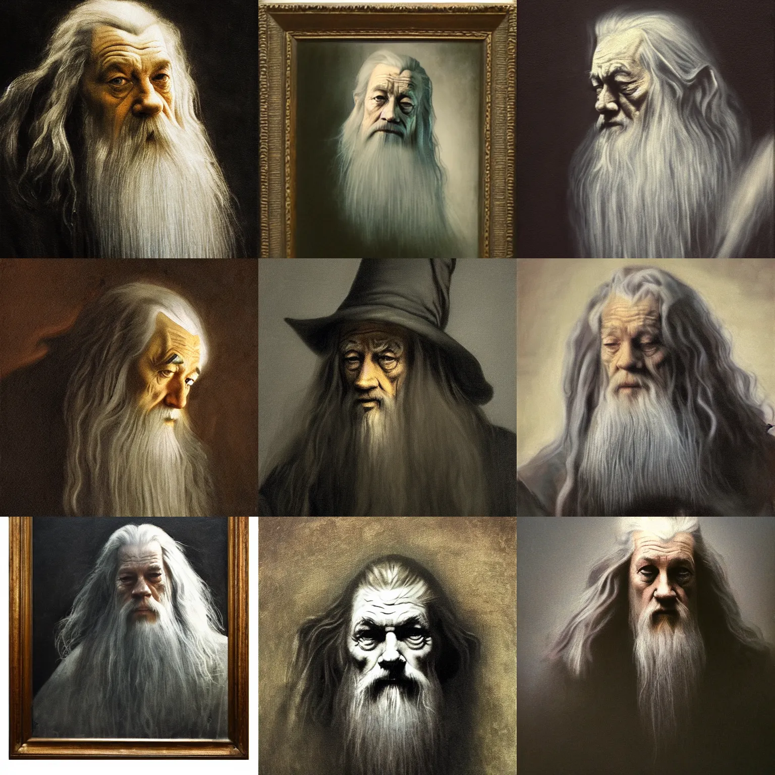 Prompt: portrait of | gandalf, the gray | ( melancholic, thoughtful ), | low key lighting |, dark bacgkground, oil canvas by rembrandt
