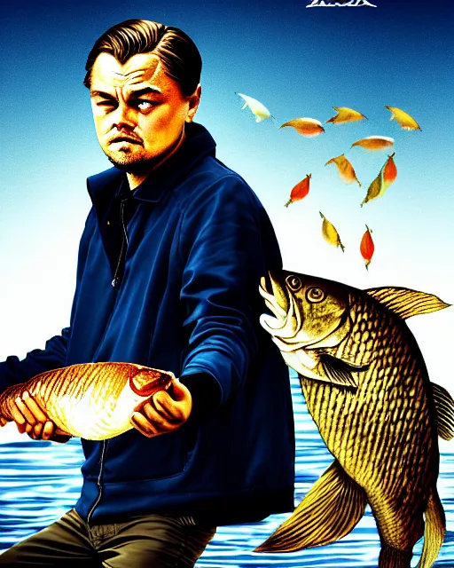 Image similar to photograph of leonardo dicaprio holding a carp in his both hands. movie poster, illustration by bartek fedyczak, erak note, tooth wu, neil richards, kan liu, siwoo kim, jisu choe, trending on art station