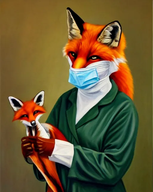 Image similar to oil painting portrait of anthropomorphic female fox animal dressed in labcoat, surgical mask covering mouth, with syringe, fox animal, hospital in background, oil painting,