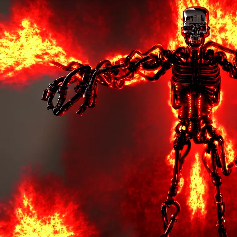 Prompt: terminator endoskeleton with red glowing eyes and fire behind it, movie still, chrome, shiny, reflective, metallic, 3 d render, realistic, hdr, stan winston studios, dramatic lighting, flame colors bright, ultra realistic