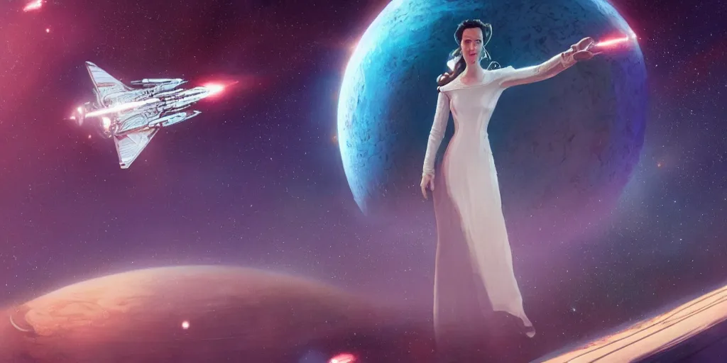 Image similar to Jennifer connelly as a stunning , beautiful retro SCI-FI space heroine 1985 , star ship taking off in the background on the left side , movie poster, intricate, elegant, highly detailed, centered, digital painting, trending on artstation, concept art, smooth, sharp focus, illustration, art by illustration, Unreal Engine 5, 8K, art by artgerm and greg rutkowski and alphonse mucha WLOP