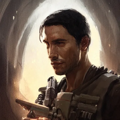 Image similar to portrait of a man by greg rutkowski, arlen fett, samoan features, short black hair, strong and tall, star wars expanded universe, he is about 3 0 years old, wearing tactical gear, digital painting, artstation, concept art, smooth, sharp foccus ilustration, artstation hq