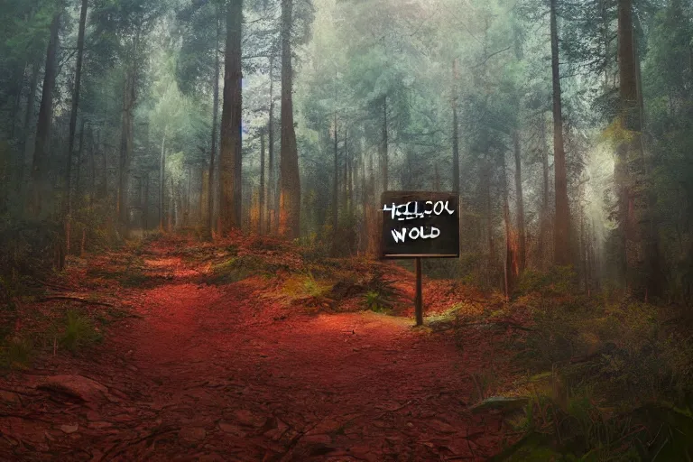 Image similar to Hello World sign in a forest by Beeple RHADS and Greg Rutkowski trending on artstation, unreal_engine, 4k, high quality. render di