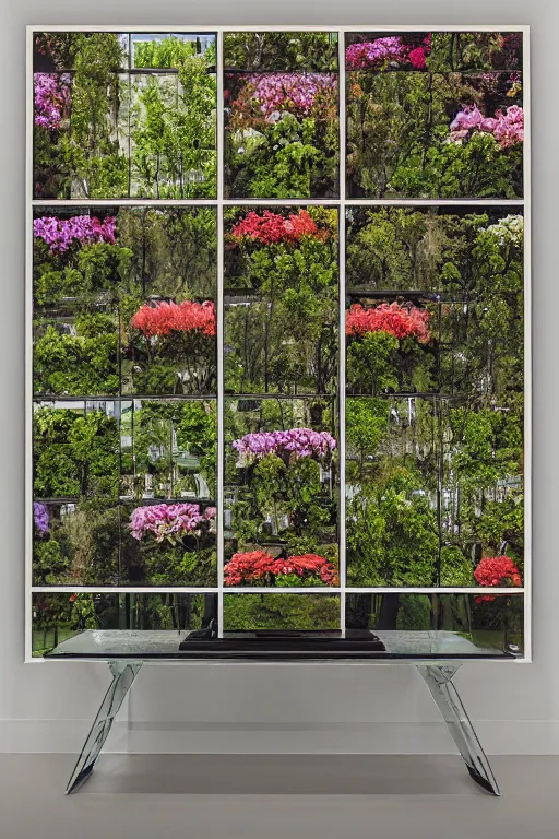 Image similar to Medium Format Portrait Photo of a modern architectural interior made of mirrors with many beautiful plants and flowers. award winning, slim Arrons style, highly detailed, depth of field, Kodachrome, wide shot, photo print.