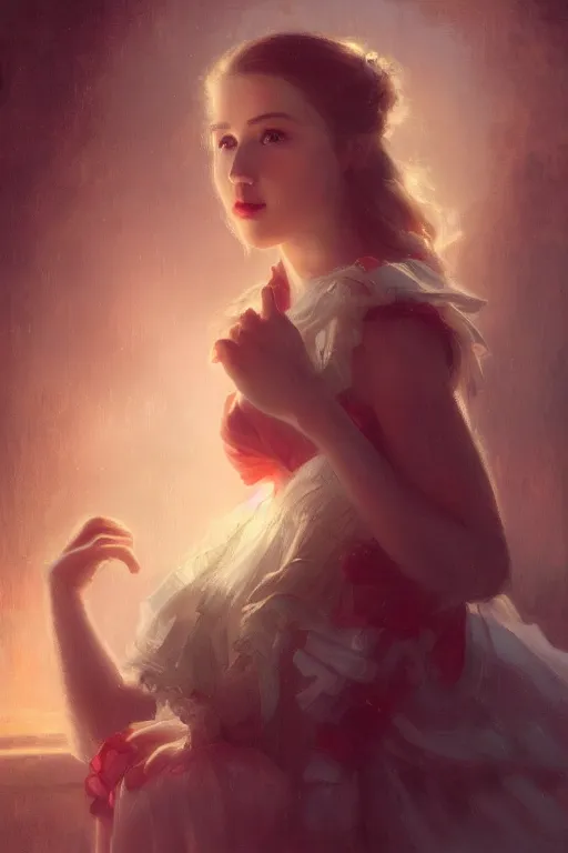 Prompt: a portrait of a cute young southern belle, historical setting, vivid colors, soft lighting, atmospheric, cinematic, moody, in the style of artgerm and greg rutkowski, oil on canvas, 8 k