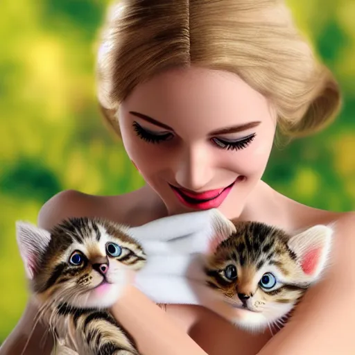 Image similar to photorealistic portrait of blonde young women in bathing suit holding kitten over her head, 3d cgi, photorealistic, cute,