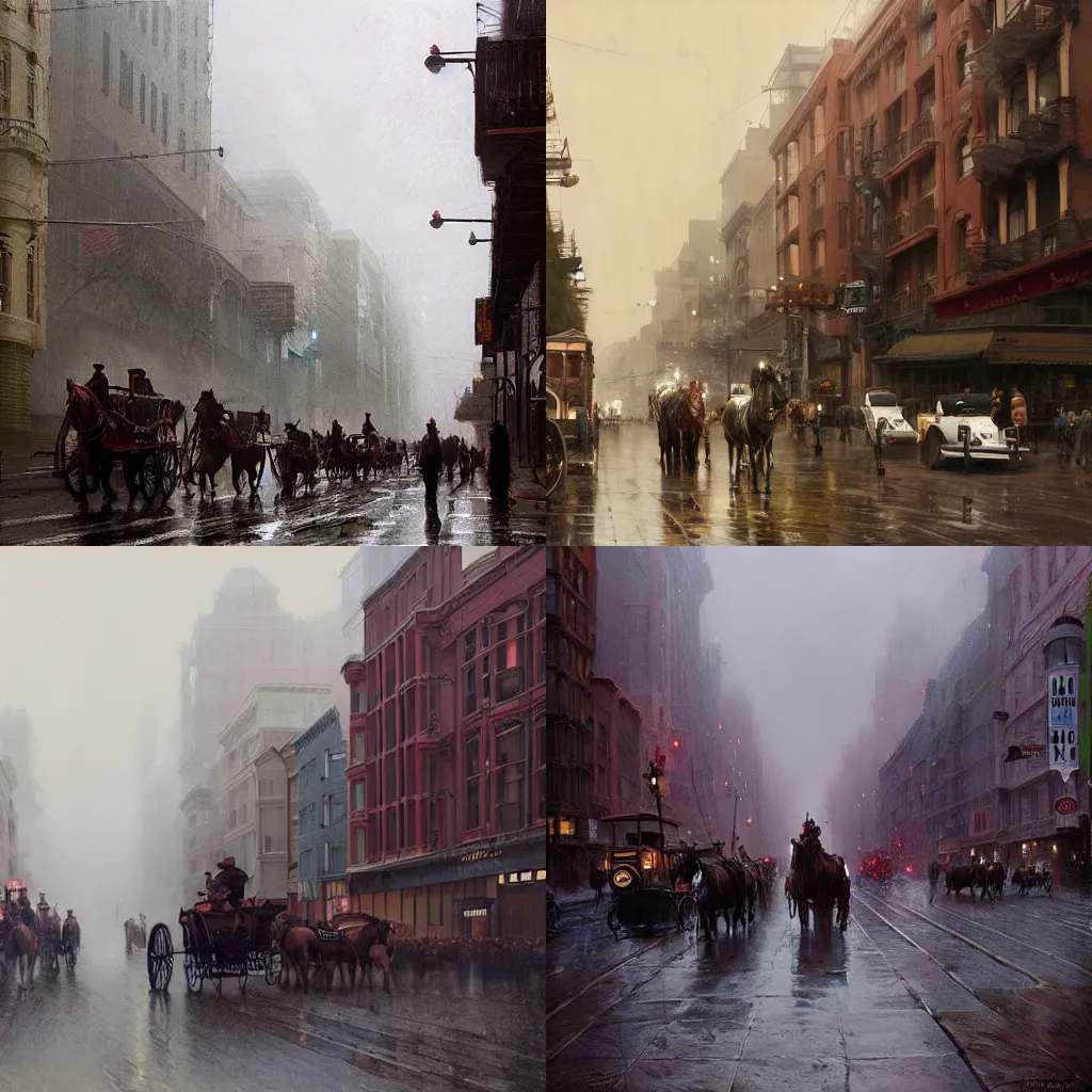 Prompt: a busy street in san francisco in the 1900s with horse-drawn carriages and people on a rainy day, matte painting by Greg Rutkowski, trending on artstation