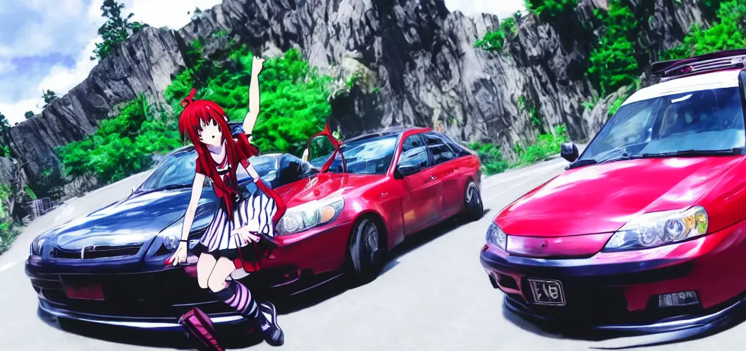 Image similar to anime girls driving on the Touge, anime style