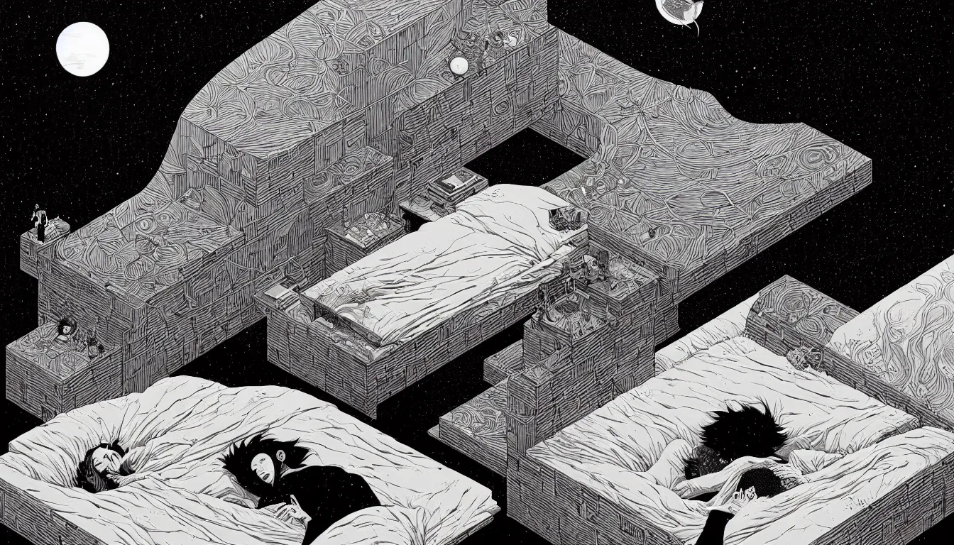 Prompt: laying in bed by nicolas delort, moebius, victo ngai, josan gonzalez, kilian eng