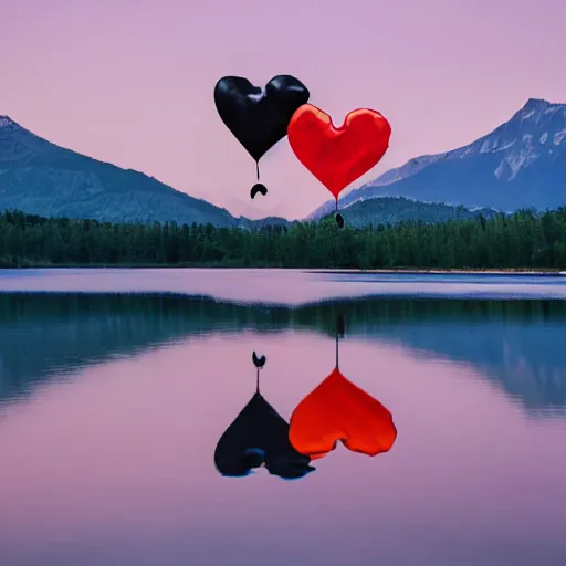 Prompt: photo of two black swans touching heads making a heart with their necks, in a beautiful reflective mountain lake, a colorful hot air balloon is reflecting off the water