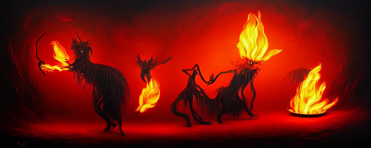 Image similar to whimsical fiery alchemical creatures, surreal dark uncanny painting by ronny khalil