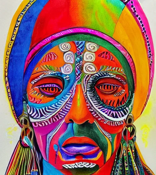 Image similar to Portrait painting in a style of Alex Grey of a shaman dressed in a colorful traditional clothes.