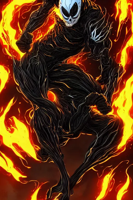 Image similar to ghost rider symbiote, comic strip style, dynamic lighting, fantasy concept art, trending on art station, stunning visuals, creative, cinematic, portrait, ultra detailed