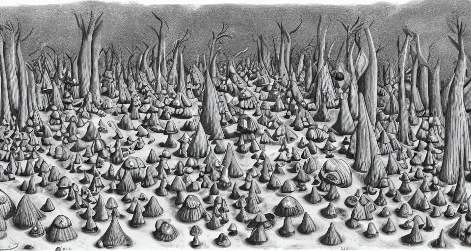 Image similar to A tribal village in a forest of giant mushrooms, by Charles Addams