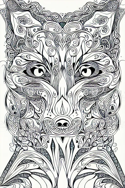 Prompt: fox ornaments fractal ink drawing line art colouring page vector art