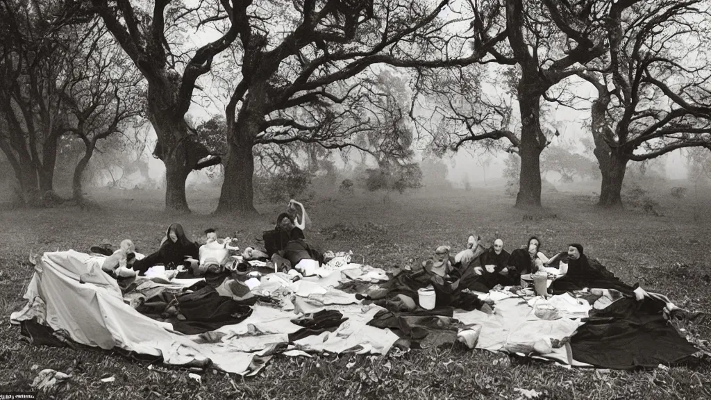 Image similar to climate change catastrophe, lightning, hurricane, hailstorm, gale-force winds, floods, as seen by a couple having picnic in a park, moody and dark large-format photography, wide angle