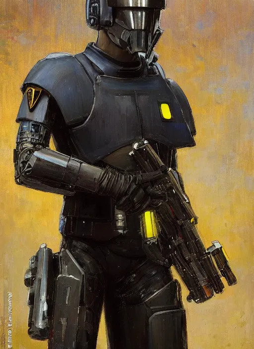 Image similar to Eliezer Nash. Menacing Cyberpunk police trooper wearing a combat vest and towering with robotic legs. (dystopian, police state, Cyberpunk 2077, bladerunner 2049). Iranian orientalist portrait by john william waterhouse and Edwin Longsden Long and Theodore Ralli and Nasreddine Dinet, oil on canvas. Cinematic, vivid colors, hyper realism, realistic proportions, dramatic lighting, high detail 4k