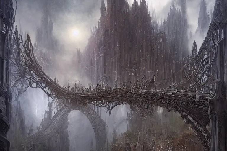 Prompt: an intricate matte painting of A world creating chessboard bridge opens up to the 8-winged death angel wearing an intricate tiara , highly detailed creepily dimly lit exterior with shafts of iridescent light bouncing off magical realms, by Christophe Vacher and Bastien Lecouffe-Deharme, trending on artstation