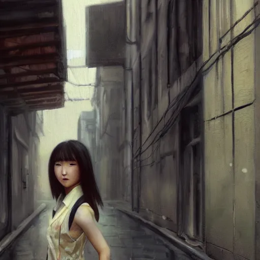 Prompt: a perfect, realistic professional oil painting in mannerism style, of a Japanese schoolgirl posing in a dystopian alleyway, close-up, by a professional American senior artist on ArtStation, a high-quality hollywood-style concept