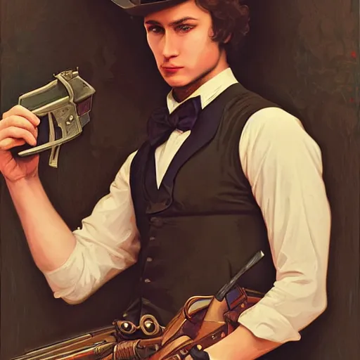 Image similar to a portrait painting of a fantasy gentleman gunslinger, art by tristan eaton and artgerm and william - adolphe bouguereau, vintage style