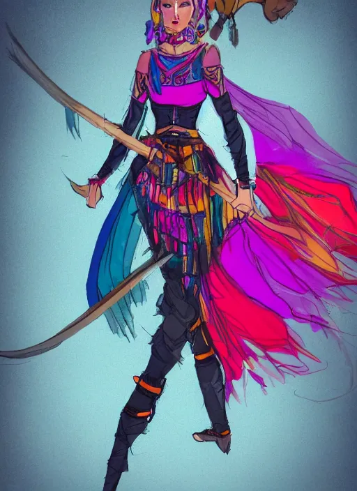 Image similar to a full body concept art of a warrior princess in colorful clothing