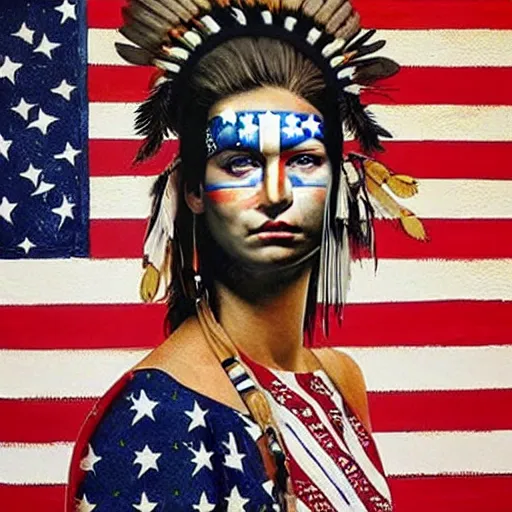 Image similar to a beautiful portrait sculpture designed by Sandra Chevrier, american indian headdress, American stars and stripes on face, by Annie Leibovitz