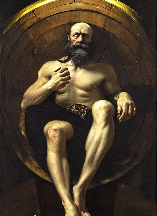 Prompt: highly detailed oil painting | very intricate | cinematic lighting | black, white and gold color scheme, dark background | diogenes in his barrel dressed by alexander mcqueen | by roberto ferri, by gustav moreau, by singer sargent and klimt, american romanticism, occult art | by austin osman spare, artstation, cgsociety, official art, octane