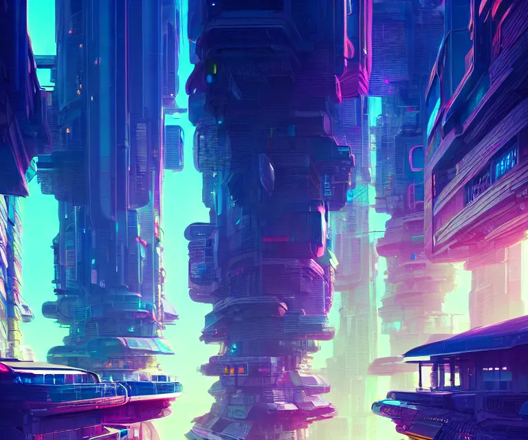 Image similar to a colorful fututistic city, sci - fi by yoshitaka amano and alena aenami, trending on artstation, 8 k, high resolution, insanely detailed and intricate, beautiful, matte painting, unreal engine