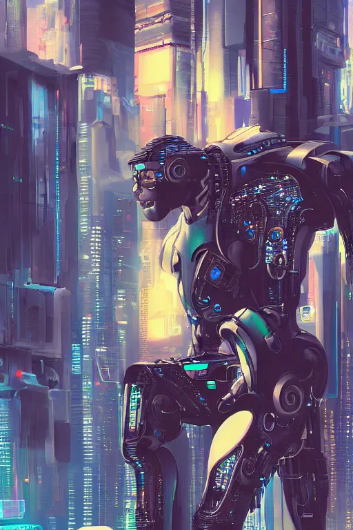 Image similar to a digital painting of a man with a robot suit on, cyberpunk art by Constant, featured on polycount, computer art, glitchy, biomorphic, greeble
