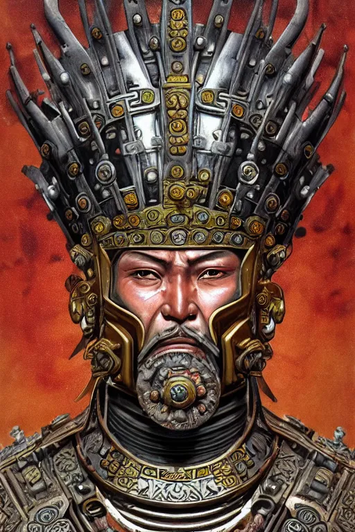 Image similar to a dramatic full-color art nouveau and ironpunk styled bust portrait of genghis khan as a godlike and stoic alien king, with violent conquering eyes, extremely detailed mongolian art nouveau cybernetic armor and an intricately detailed crown of cosmic power, perfectly symmetrical mongol facial structure and framework, handsome yet brutal alien facial characteristics, by michael kaluta, michael whelan and travis charest, dark sci-fantasy, deeply ornate complexity, alien-human hybrid male face and bust, sci-fi character concept, photorealism, art nouveau framing, stunning lighting, hyperrealism, 8k