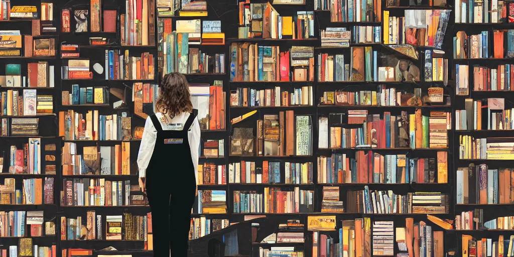 Prompt: A bookseller in black overalls shelves books in her bookshop, cinematic lighting, detailed collage, 4k