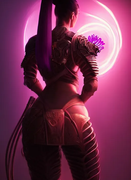 Image similar to portrait, back shot, looking away from viewer, woman with long black ponytail, wearing sci - fi leather armor, glowing purple katana, intricate, elegant, glowing lights, highly detailed, digital painting, artstation, concept art, smooth, sharp focus, illustration, art by wlop, mars ravelo and greg rutkowski