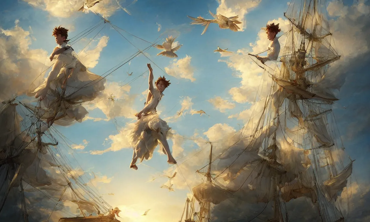 Image similar to a beautiful digital painting of peter pan, a white caravel flying in the clouds, birds in the sunlight, numerous golden ropes and intricated sails, blue sky at sunset, elegant, highly detailed, artstation, concept art, matte, sharp focus, art by tom bagshaw, kelogsloops and greg rutkowski