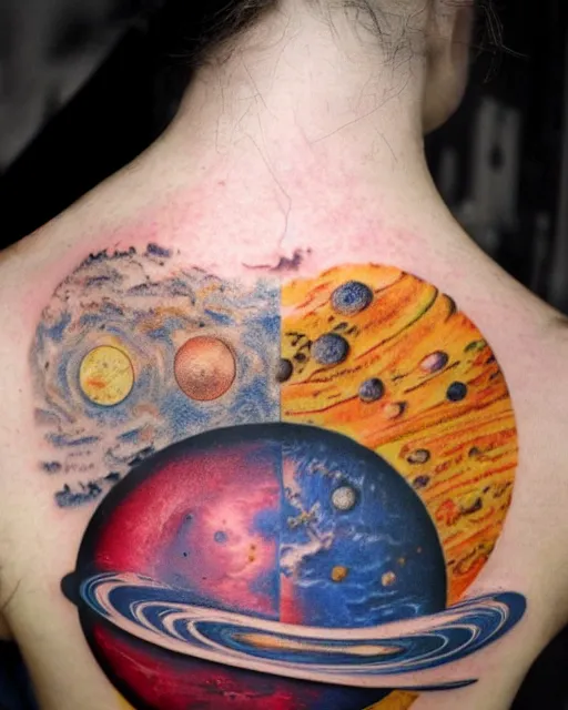 Prompt: planets on the top of a broken renaissance head statue, realism tattoo