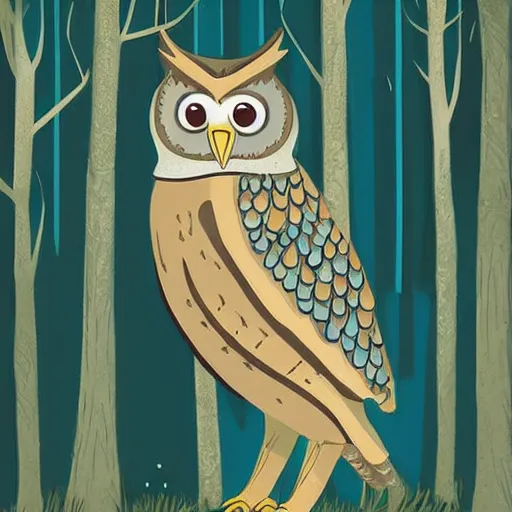 Prompt: a cartoon picture of an owl of athena!! in the woods, a storybook illustration by arabella rankin, behance contest winner, context art, storybook illustration, nightscape, digital illustration