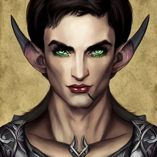Prompt: portrait of pretty boy elvish tiefling with pointy ears and long dark hair, armored, fantasy, art