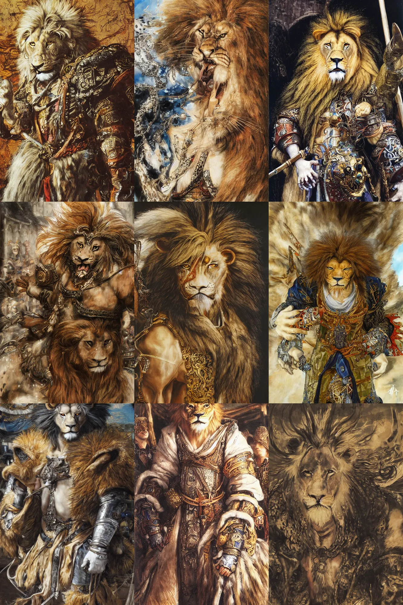 Image similar to 8 k yoshitaka amano painting of upper body of a young cool looking lion beastman with white mane at a medieval market at windy day. depth of field. he is wearing complex fantasy clothing. he has huge paws. renaissance style lighting.