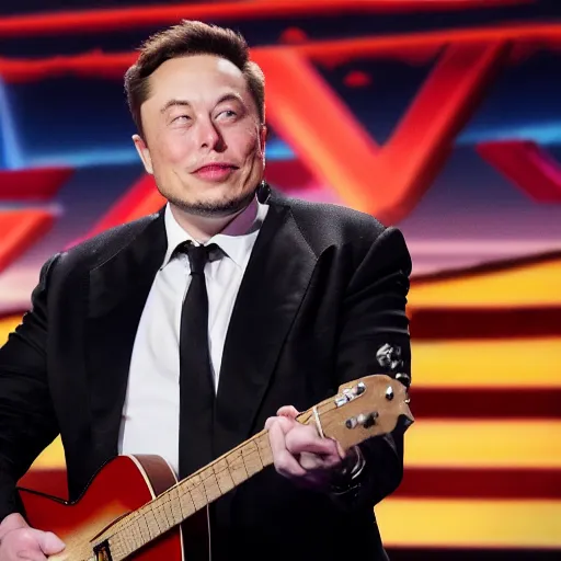 Prompt: elon musk singing with a microphone on americas got talent, tomatoes and anchors being thrown at him, 4 k photograph