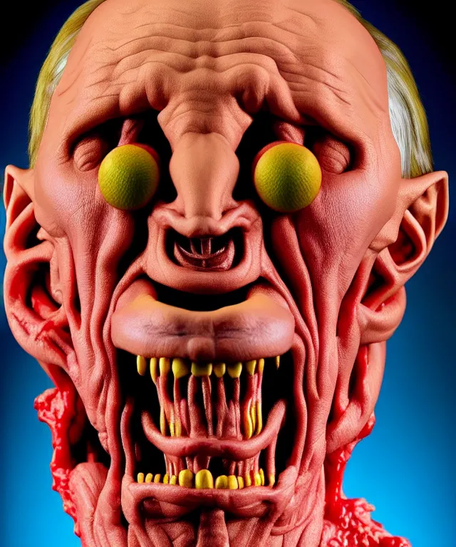 Image similar to hyperrealistic rendering, cronenberg flesh monster vladimir putin by art of skinner and richard corben and jeff easley, product photography, action figure, sofubi, studio lighting, colored gels