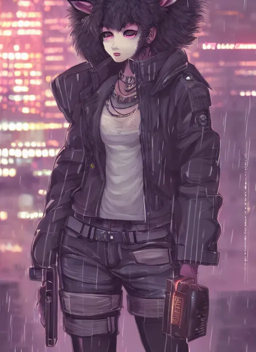 Prompt: character portrait of a female anthro hyena fursona with a cute beautiful attractive furry face and long black curly hair wearing a police flak jacket in a cyberpunk city at night while it rains. hidari, color page, tankoban, 4K, tone mapping, Akihiko Yoshida.