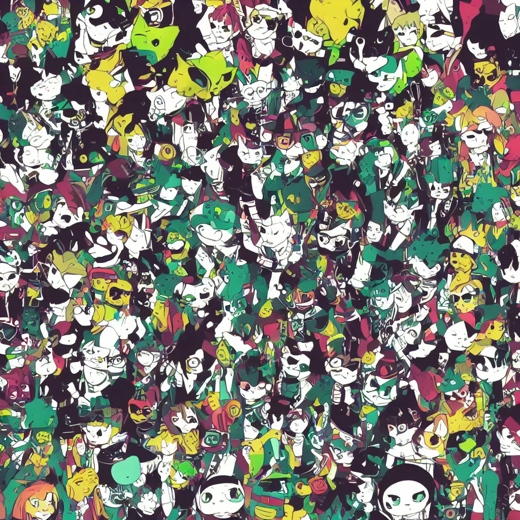 Image similar to cat heads, ryuta ueda artwork, jet set radio artwork, stripes, gloom, space, cel - shaded art style, broken rainbow, data, minimal, speakers, code, cybernetic, dark, eerie, cyber