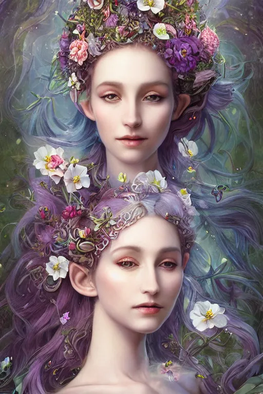 Image similar to a portrait of a beautiful elvish goddess with flowers in her hairs , fairy-like , 8k, highly detailed, sharp focus, ethereal clothes, astral environment, in style of Anna Dittmann and Mark Arial and Artgerm and Gerald Brom