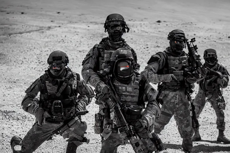Image similar to Mercenary Special Forces soldiers in grey uniforms with black armored vest and black helmets raising a mansion in 2022, Canon EOS R3, f/1.4, ISO 200, 1/160s, 8K, RAW, unedited, symmetrical balance, in-frame, combat photography