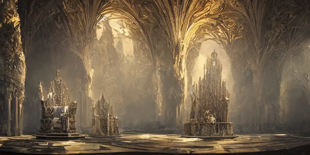 Prompt: by greg rutkowski, a majestic throne room, at the dawn of time, glass paint, overglaze, ornament, time - lapse, photojournalism, wide angle, perspective, double - exposure, light, tones of black in background, ultra - hd, super - resolution, massive scale, symmetrical