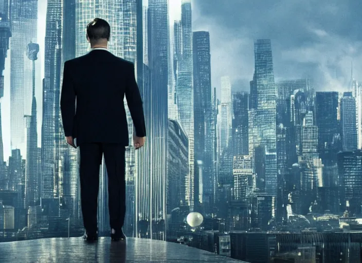 Prompt: film still of Christian Bale as Cobb with the world bending in the background in Inception, 4k