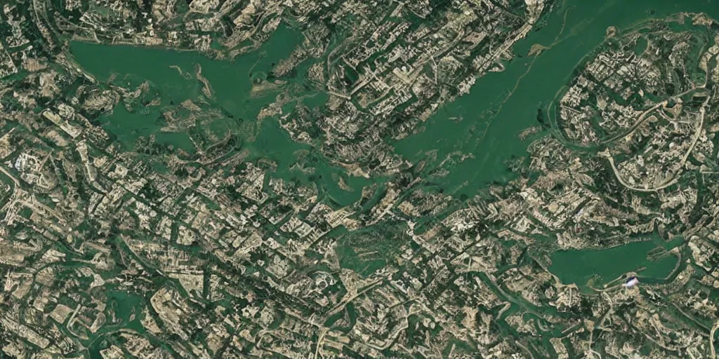 Image similar to satellite view of a town shaped like an alligator