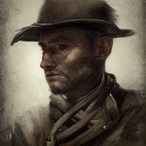 Prompt: a digital portrait of a human hunter from hunt showdown, western era, hyper realistic, horror, back lighting, luisiana, in the style of greg rutkowski,